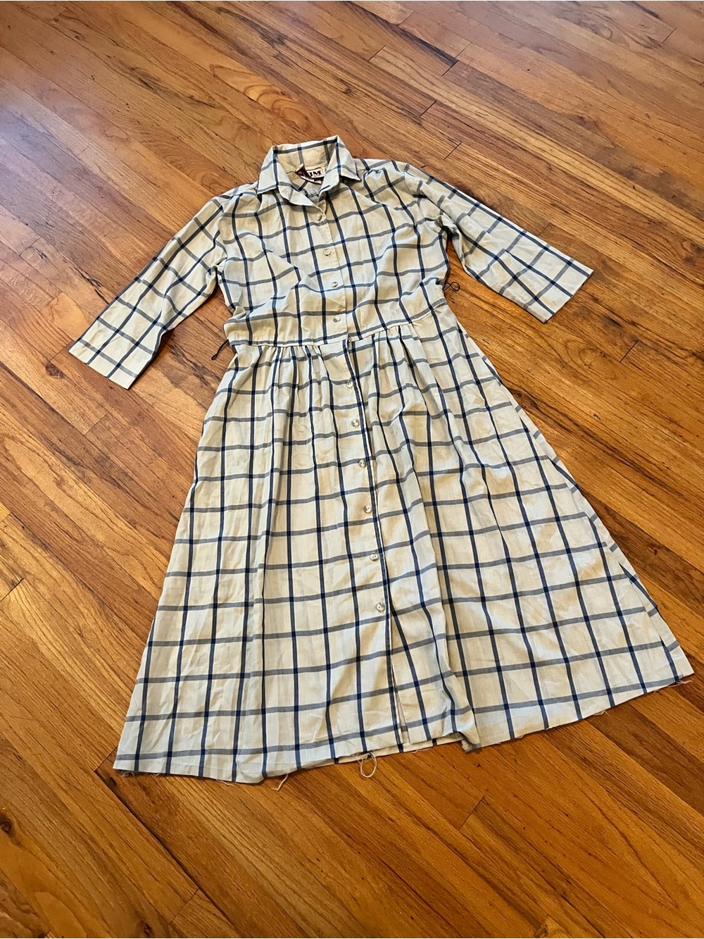 Vintage Cream and Blue Windowpane Midi Shirt Dress